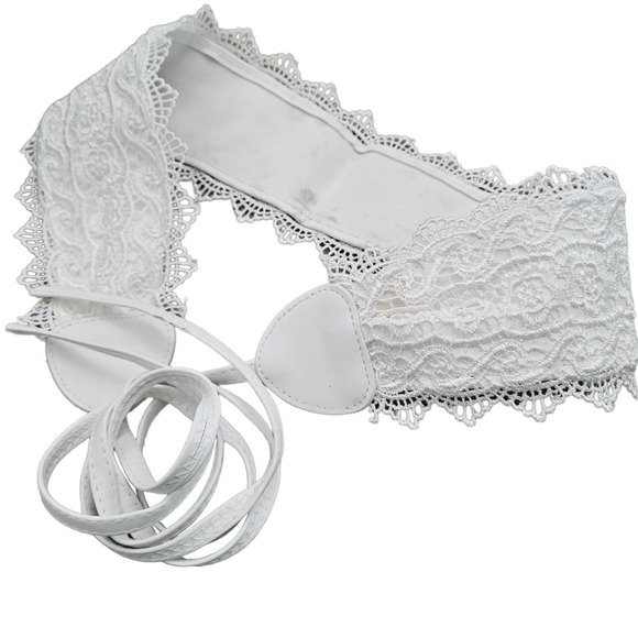Corset White Wide waist Lace Faux Leather belt Obi Wrap Boho wedding sash - Picture 11 of 11